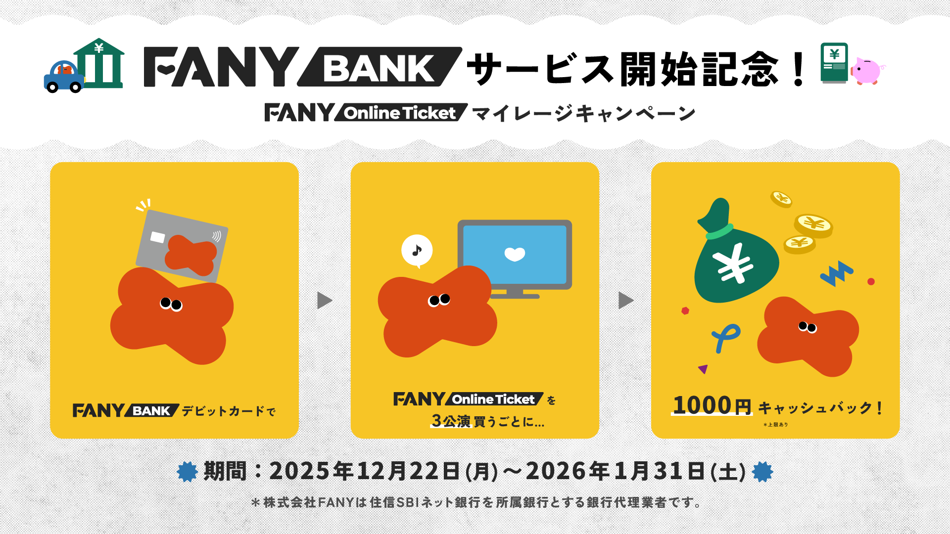 FANY BANKデビットでFANY Online Ticketを3公演買うと1,000円キャッシュバック